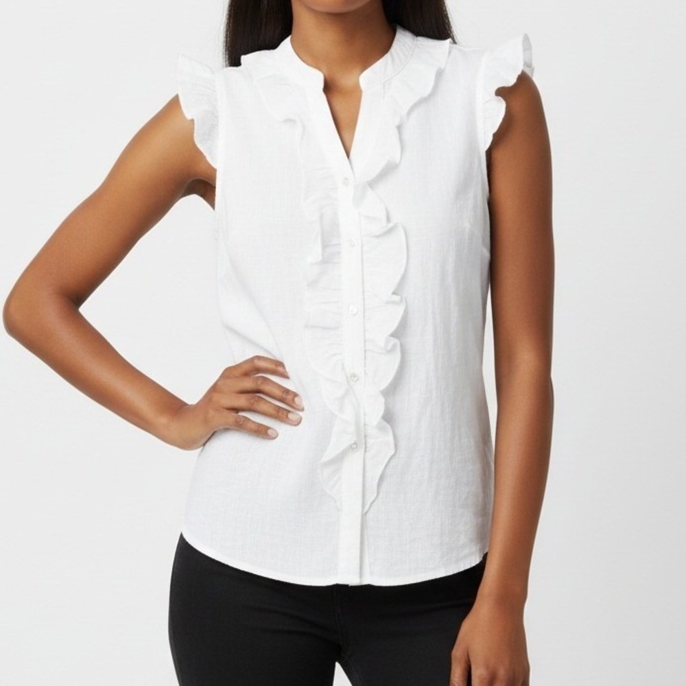 Ember Womens Ruffle Front Button Down Blouse Polyester Casual White Size M